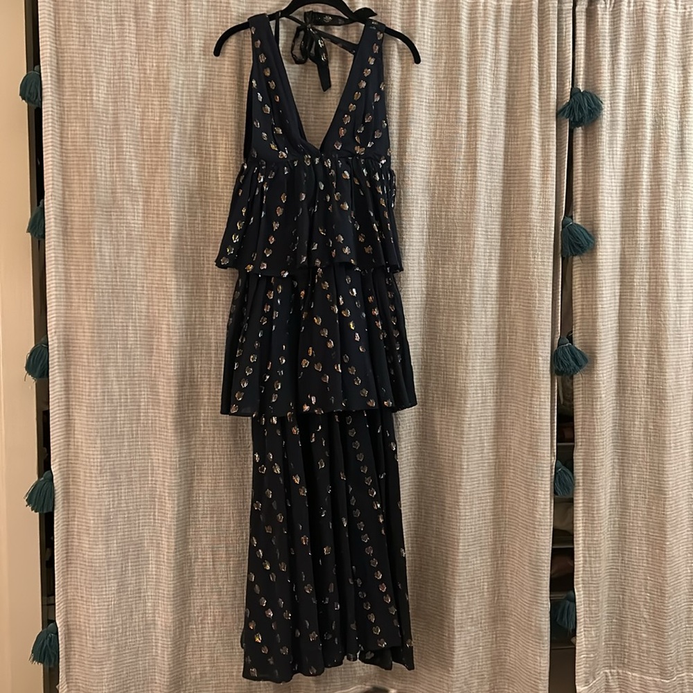 RHODE Navy and Gold Tiered Maxi Dress